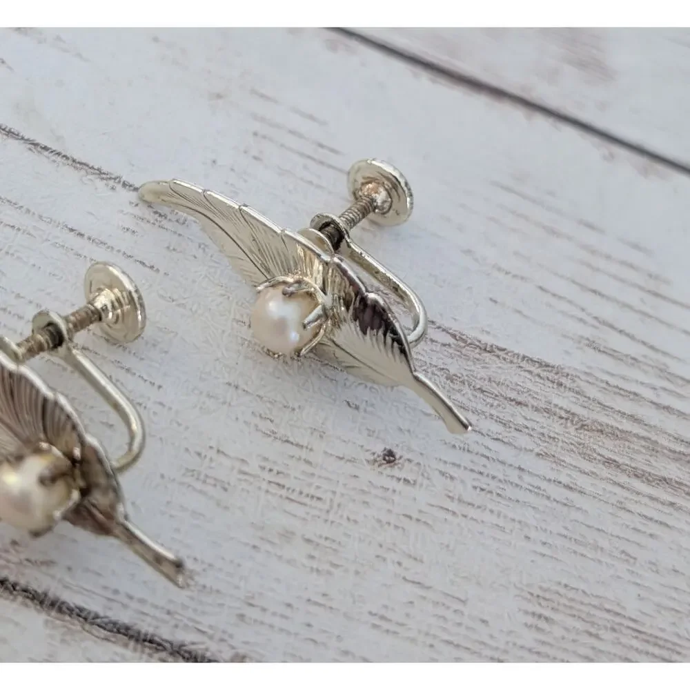 Vintage Screw Back Earrings Mismatched Leaves with Faux Pearls Condition Issues